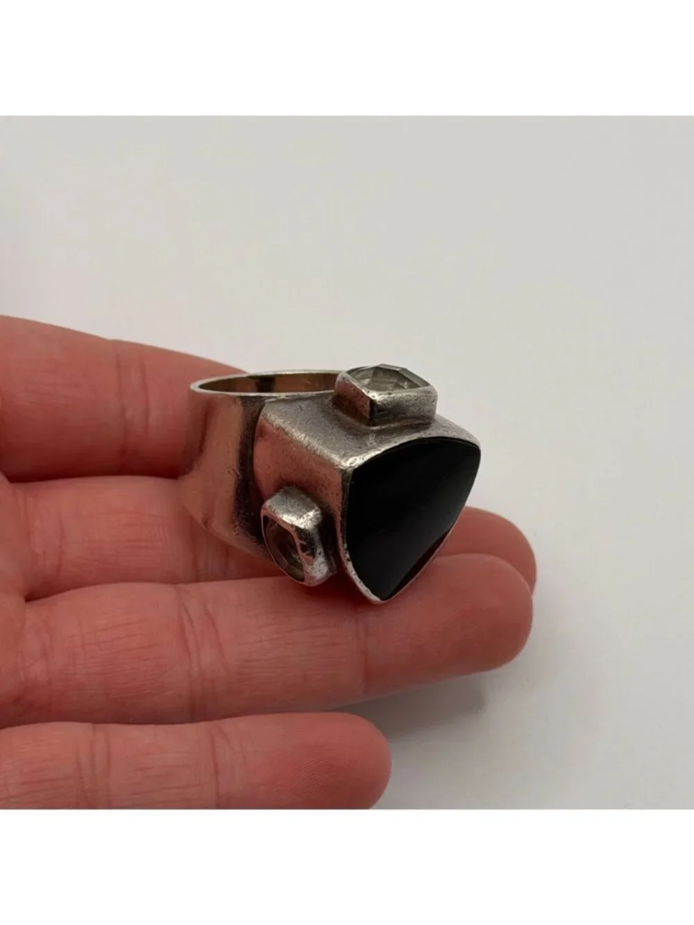 Sterling Silver 925 Ring With Black Onyx & Clear Crystals Size 8.5